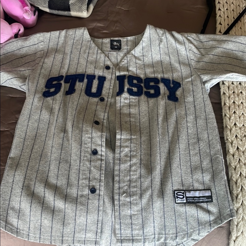 Stussy Gray and Blue Baseball Jersey